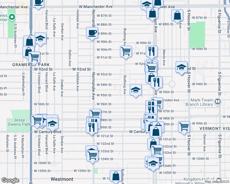 map of restaurants, bars, coffee shops, grocery stores, and more near 1240 West 95th Street in Los Angeles