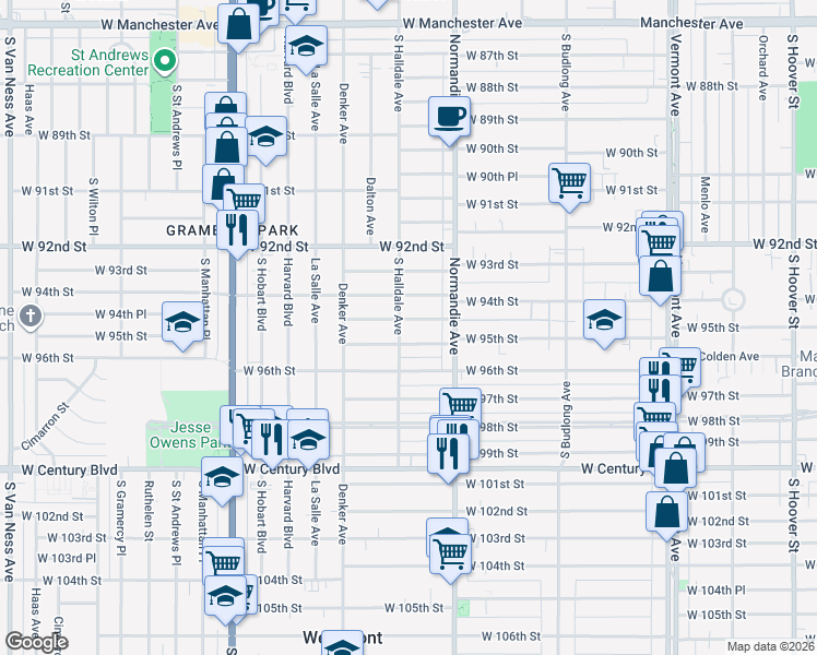 map of restaurants, bars, coffee shops, grocery stores, and more near 1440 West 95th Street in Los Angeles