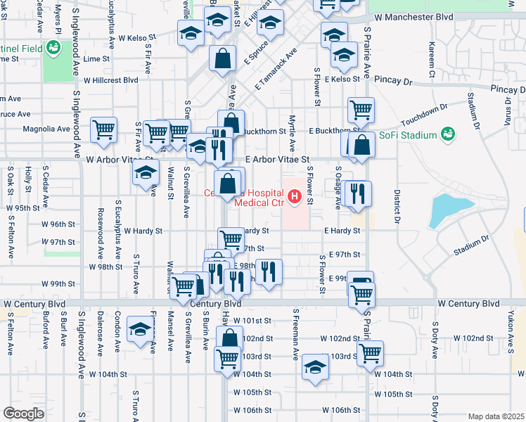 map of restaurants, bars, coffee shops, grocery stores, and more near 1026 Larch Street in Inglewood