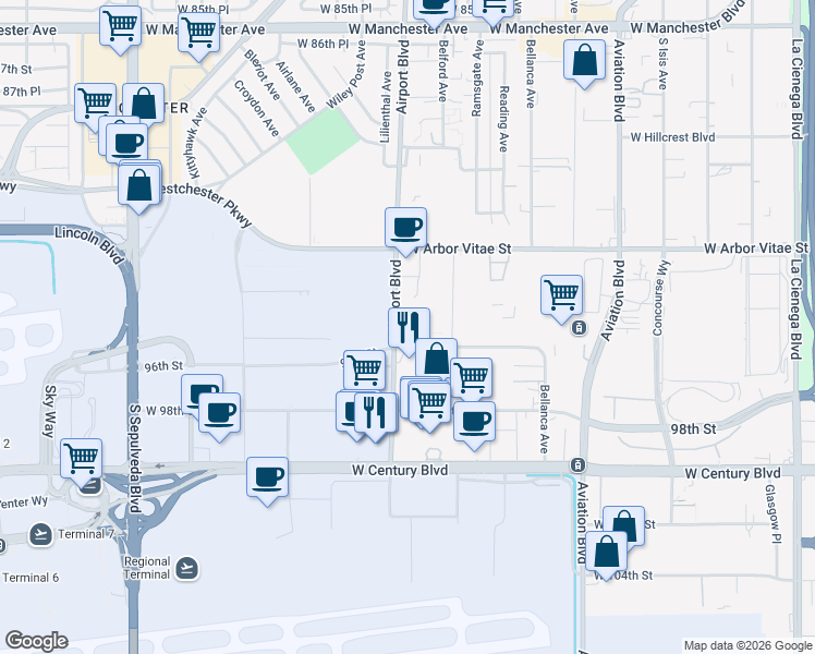 map of restaurants, bars, coffee shops, grocery stores, and more near 1064 Airport Boulevard in Los Angeles