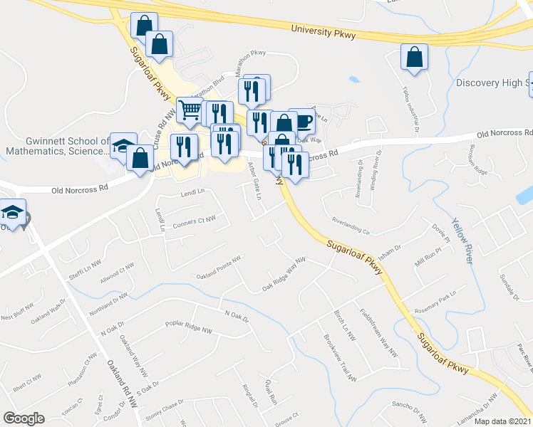 map of restaurants, bars, coffee shops, grocery stores, and more near 764 Garden Grove Drive Northwest in Lawrenceville
