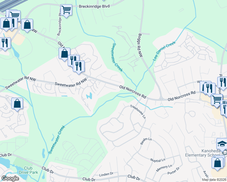 map of restaurants, bars, coffee shops, grocery stores, and more near 1320 Old Victorian Court in Duluth