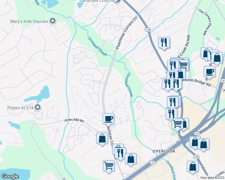 map of restaurants, bars, coffee shops, grocery stores, and more near 6498 Parton Court in Norcross