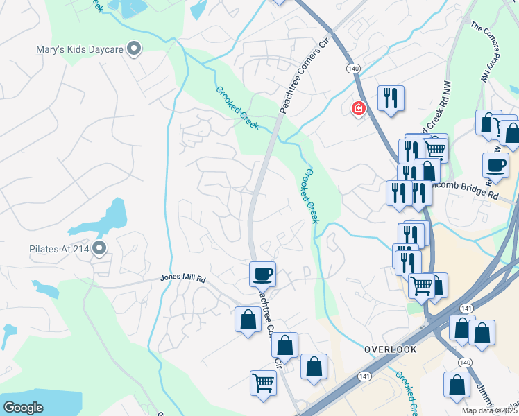 map of restaurants, bars, coffee shops, grocery stores, and more near 6498 Parton Court in Norcross