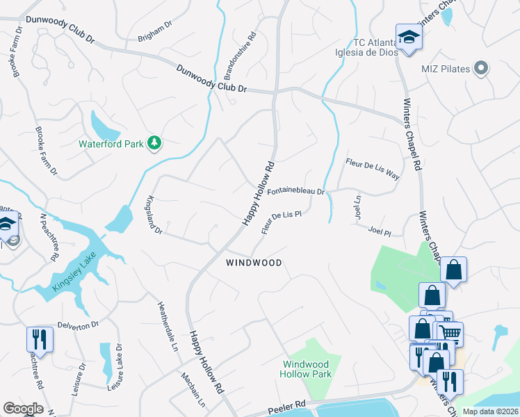 map of restaurants, bars, coffee shops, grocery stores, and more near 5201 Happy Hollow Road in Atlanta