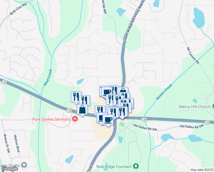 map of restaurants, bars, coffee shops, grocery stores, and more near 2499 Barrett Preserve Court in Marietta