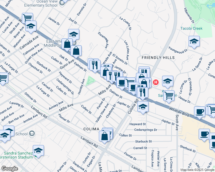 map of restaurants, bars, coffee shops, grocery stores, and more near 14766 Dalman Street in Whittier