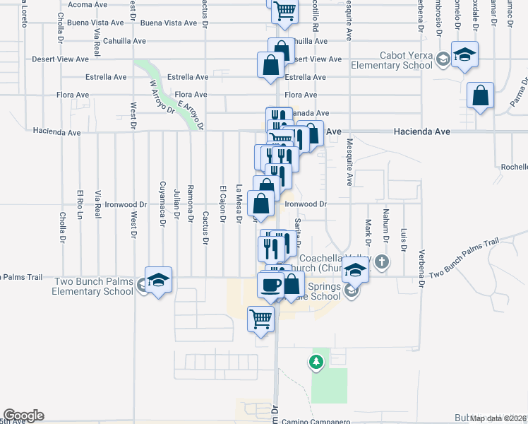 map of restaurants, bars, coffee shops, grocery stores, and more near 13721 Palm Drive in Desert Hot Springs