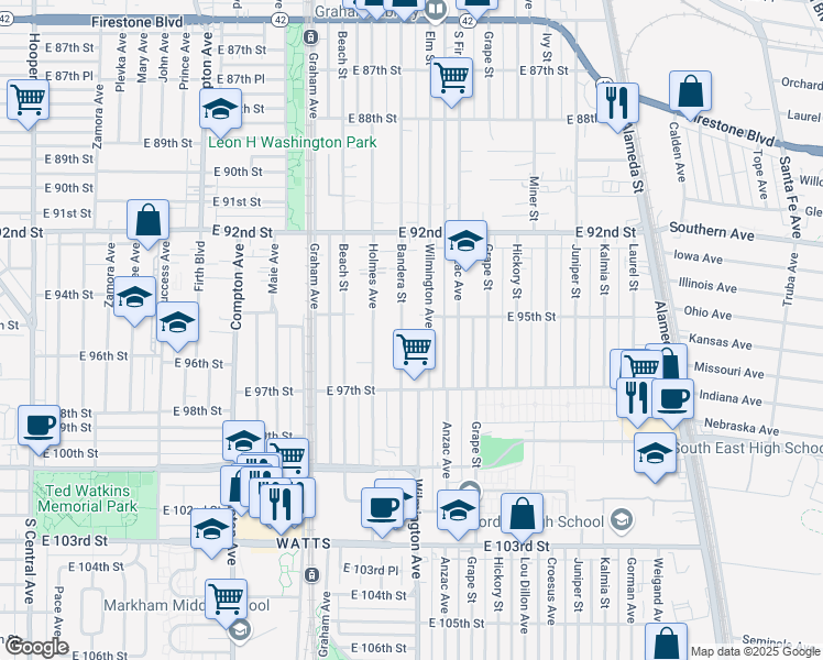 map of restaurants, bars, coffee shops, grocery stores, and more near 9510 Bandera Street in Los Angeles