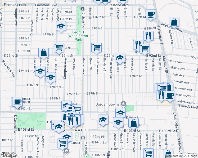 map of restaurants, bars, coffee shops, grocery stores, and more near 9516 Holmes Avenue in Los Angeles