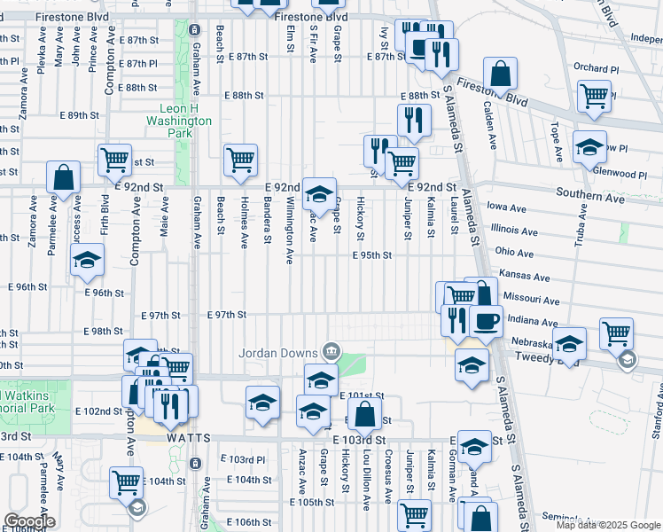 map of restaurants, bars, coffee shops, grocery stores, and more near 9513 Grape Street in Los Angeles