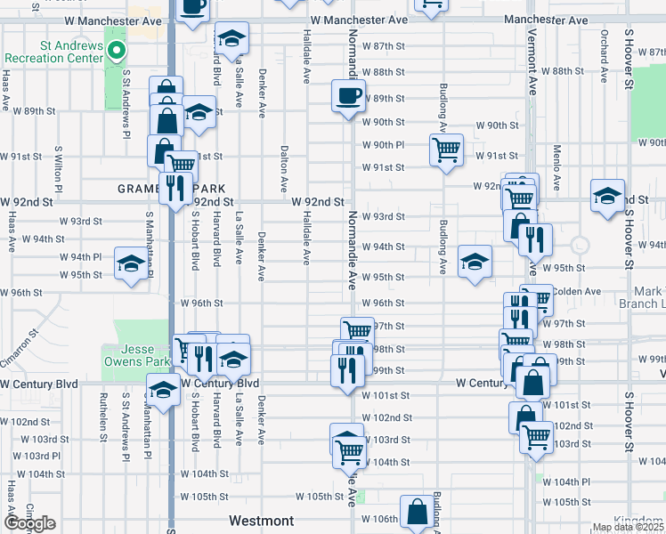 map of restaurants, bars, coffee shops, grocery stores, and more near 1424 West 94th Place in Los Angeles