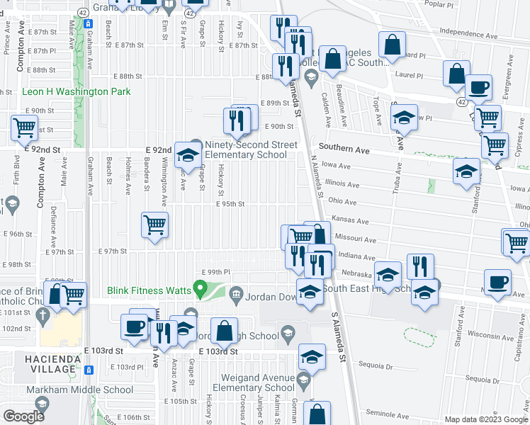 map of restaurants, bars, coffee shops, grocery stores, and more near 9508 Juniper Street in Los Angeles