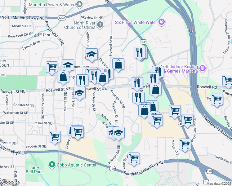 map of restaurants, bars, coffee shops, grocery stores, and more near 96 Parkview Drive Southeast in Marietta