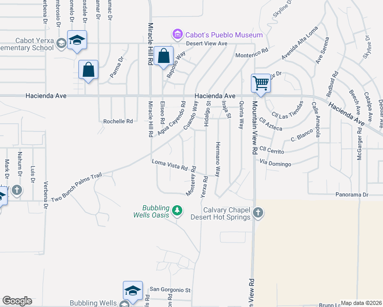 map of restaurants, bars, coffee shops, grocery stores, and more near 13565 Monterey Road in Desert Hot Springs