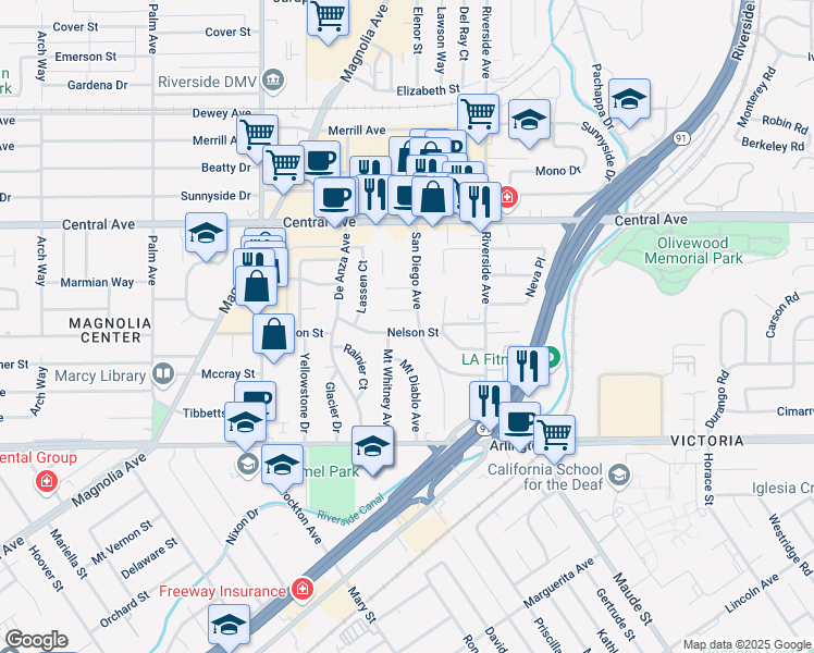 map of restaurants, bars, coffee shops, grocery stores, and more near 3575 Nelson Street in Riverside