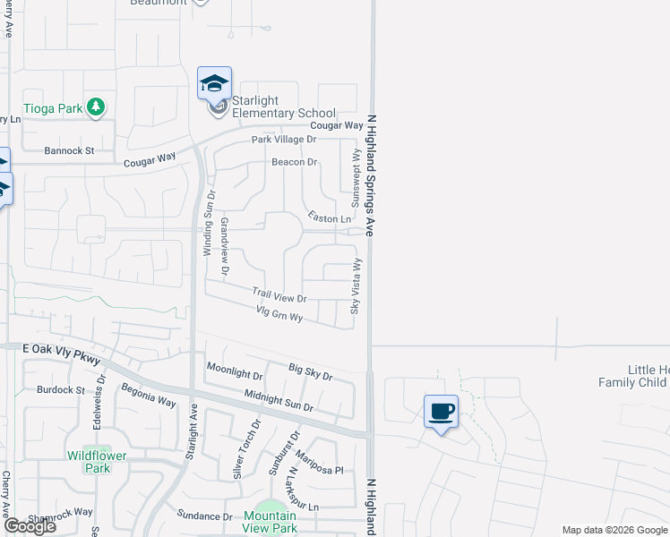 map of restaurants, bars, coffee shops, grocery stores, and more near 1653 Capri Way in Beaumont