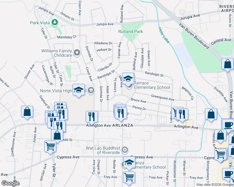 map of restaurants, bars, coffee shops, grocery stores, and more near 9284 Bruce Avenue in Riverside
