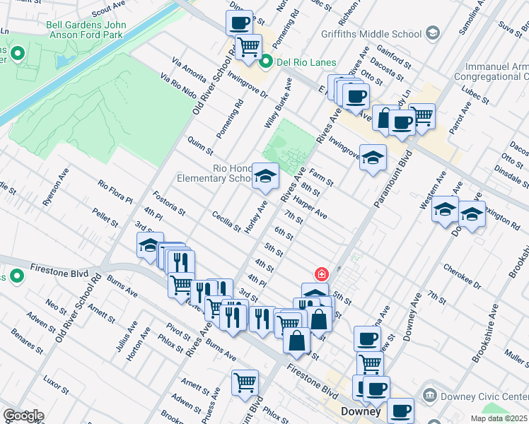 map of restaurants, bars, coffee shops, grocery stores, and more near 7803 6th Street in Downey