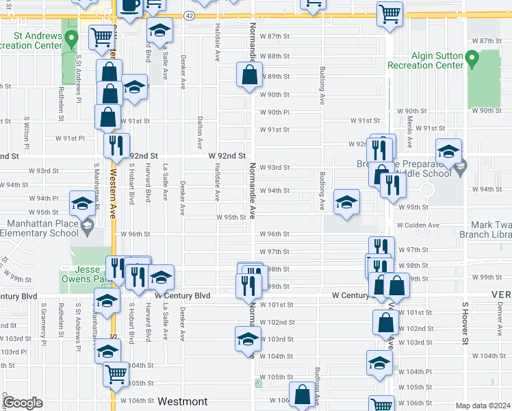 map of restaurants, bars, coffee shops, grocery stores, and more near 9426 Normandie Avenue in Los Angeles