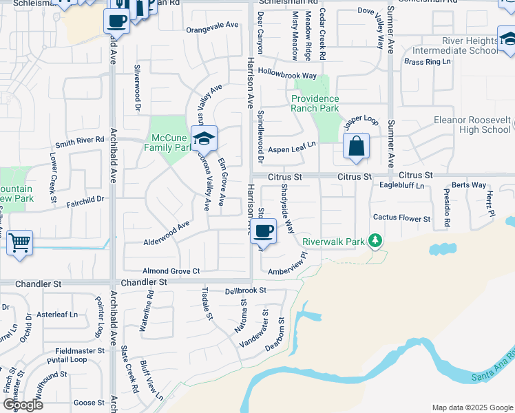 map of restaurants, bars, coffee shops, grocery stores, and more near 7591 Stonegate Drive in Corona
