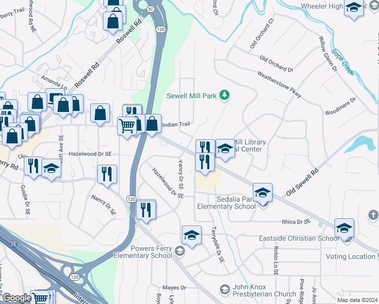 map of restaurants, bars, coffee shops, grocery stores, and more near 2008 Lower Roswell Road in Marietta