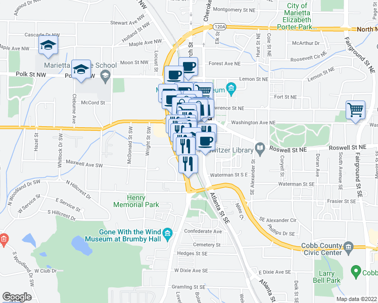 map of restaurants, bars, coffee shops, grocery stores, and more near Powder Springs St in Marietta