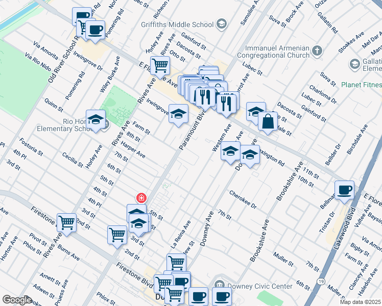 map of restaurants, bars, coffee shops, grocery stores, and more near 10429 Western Avenue in Downey