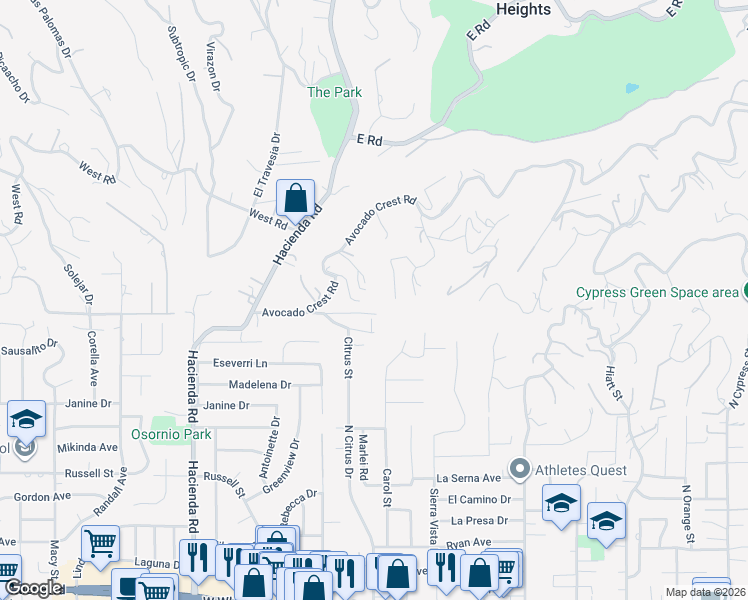 map of restaurants, bars, coffee shops, grocery stores, and more near 1322 Citrus Street in La Habra Heights