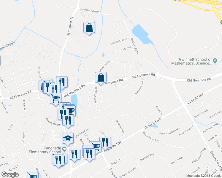 map of restaurants, bars, coffee shops, grocery stores, and more near 1194 Hacknee Court in Lawrenceville