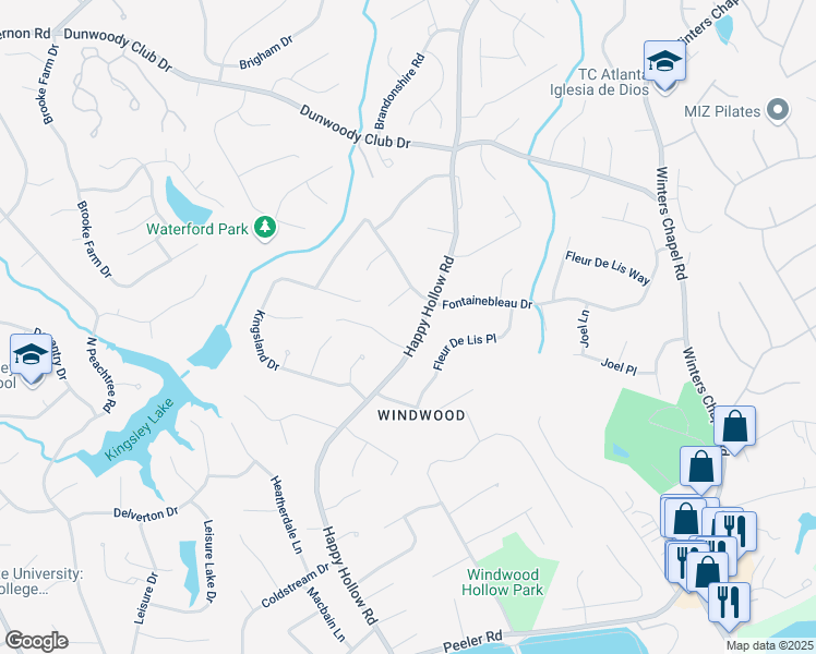 map of restaurants, bars, coffee shops, grocery stores, and more near 5201 Happy Hollow Road in Atlanta