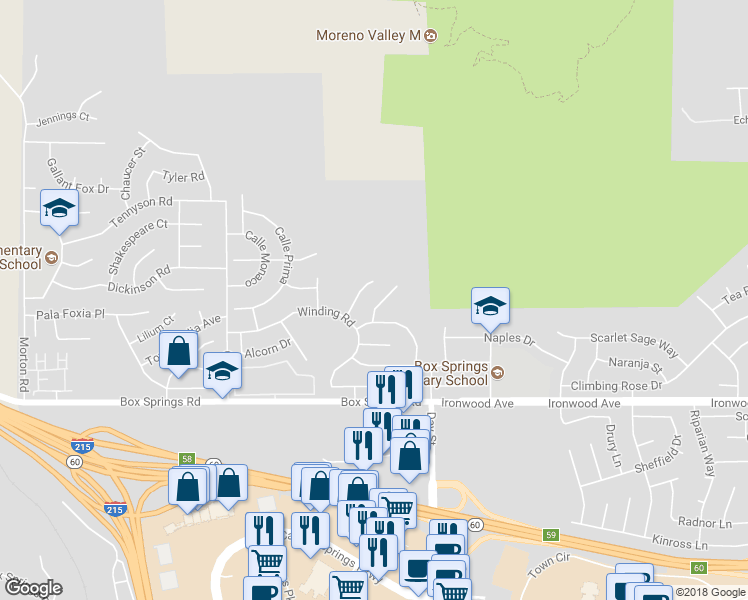 map of restaurants, bars, coffee shops, grocery stores, and more near 11703 Black Hawk Lane in Moreno Valley