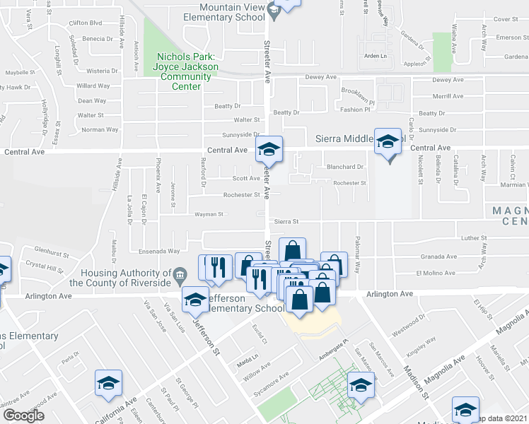 map of restaurants, bars, coffee shops, grocery stores, and more near 5321 Declan street in Riverside
