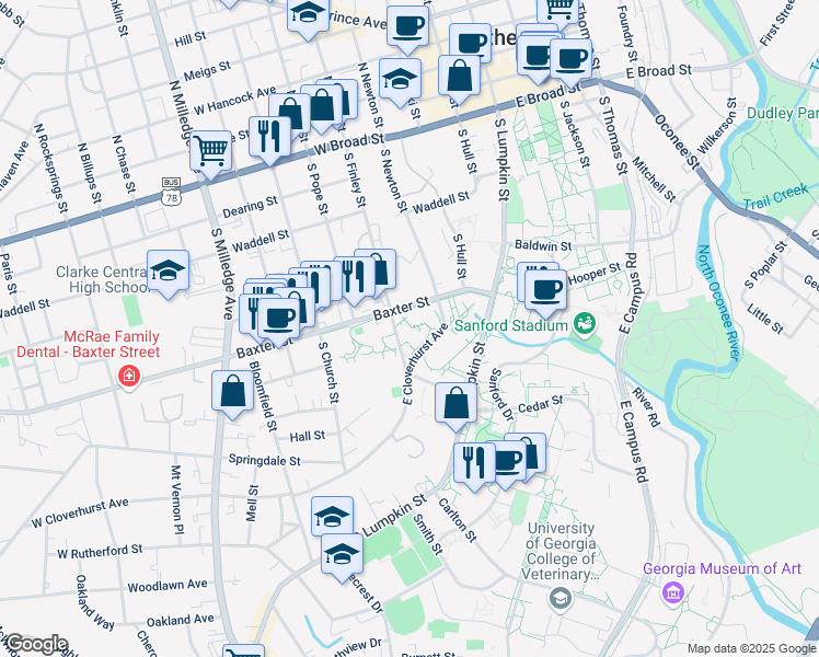 map of restaurants, bars, coffee shops, grocery stores, and more near 415 Baxter Street in Athens