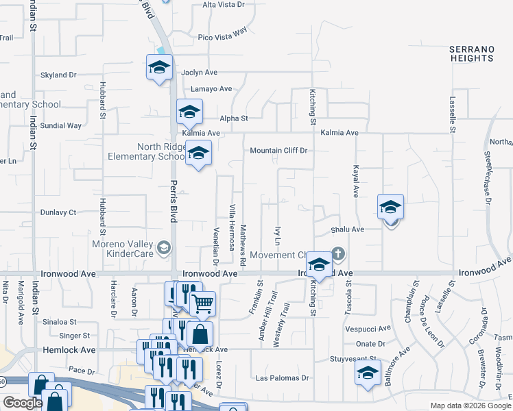 map of restaurants, bars, coffee shops, grocery stores, and more near 11882 Villa Hermosa in Moreno Valley
