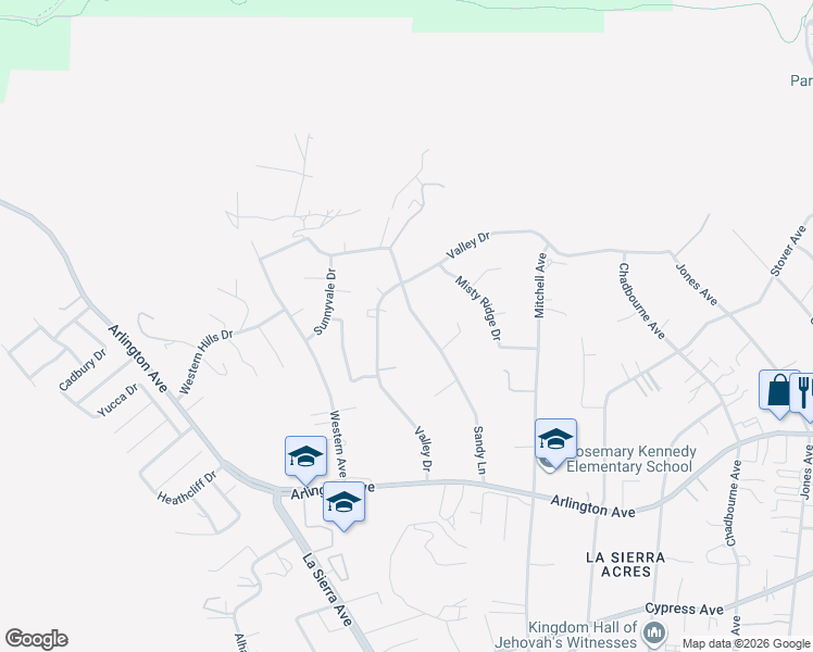 map of restaurants, bars, coffee shops, grocery stores, and more near 6640 Sandy Lane in Riverside