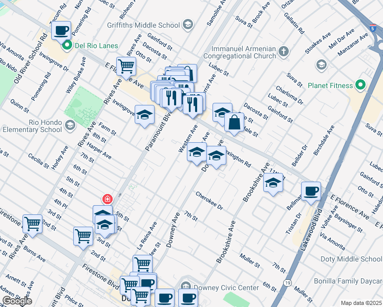 map of restaurants, bars, coffee shops, grocery stores, and more near 10330 La Reina Avenue in Downey