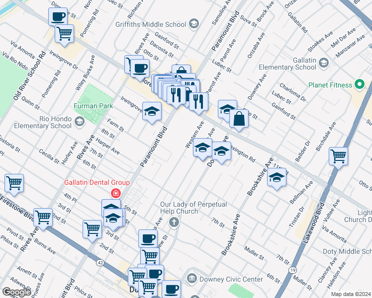 map of restaurants, bars, coffee shops, grocery stores, and more near 10404 Western Avenue in Downey