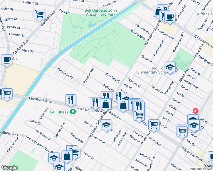 map of restaurants, bars, coffee shops, grocery stores, and more near 7336 Pellet Street in Downey