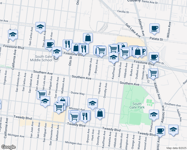 map of restaurants, bars, coffee shops, grocery stores, and more near 4424 Southern Avenue in South Gate