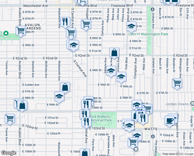 map of restaurants, bars, coffee shops, grocery stores, and more near 1231 East 96th Street in Los Angeles