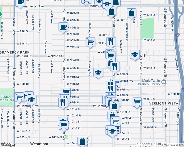 map of restaurants, bars, coffee shops, grocery stores, and more near 9501 Budlong Avenue in Los Angeles