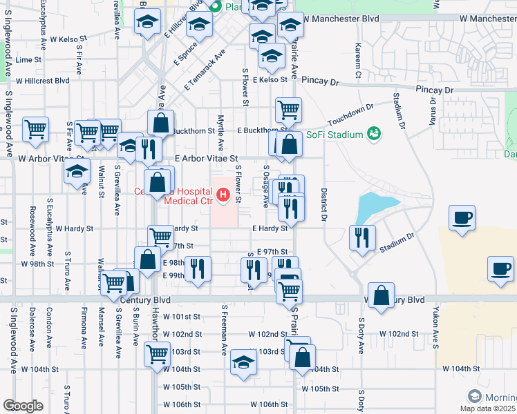 map of restaurants, bars, coffee shops, grocery stores, and more near 1040 South Osage Avenue in Inglewood