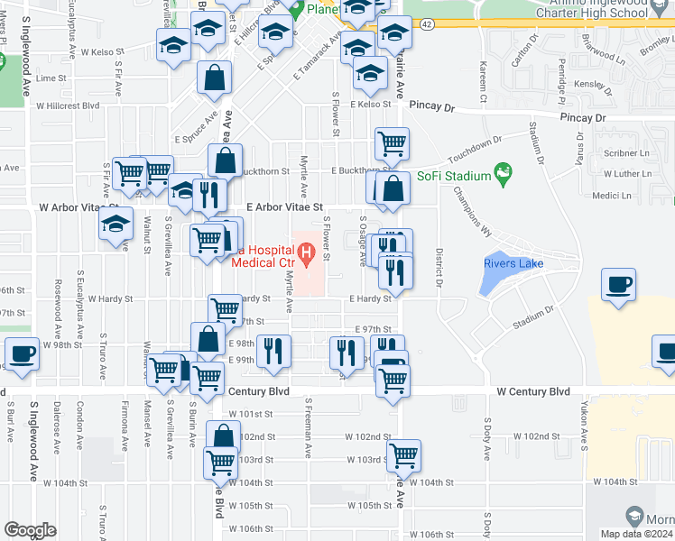 map of restaurants, bars, coffee shops, grocery stores, and more near 1038 South Flower Street in Inglewood