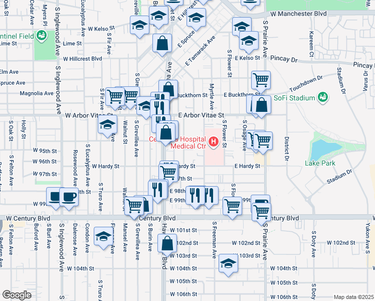map of restaurants, bars, coffee shops, grocery stores, and more near 415 East Hardy Street in Inglewood
