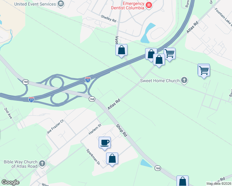 map of restaurants, bars, coffee shops, grocery stores, and more near 1807 Atlas Road in Columbia
