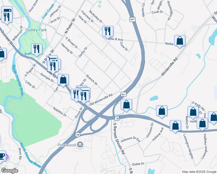 map of restaurants, bars, coffee shops, grocery stores, and more near 368 Branch Street in Athens