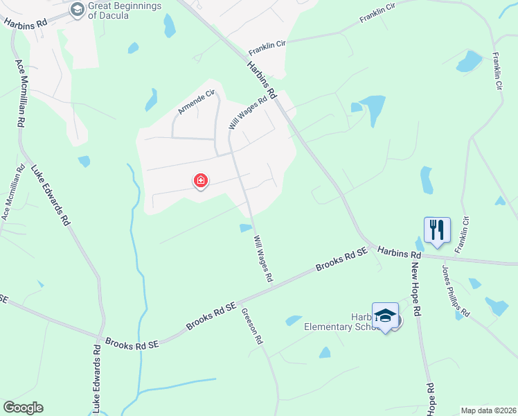 map of restaurants, bars, coffee shops, grocery stores, and more near 1734 Will Wages Road in Dacula