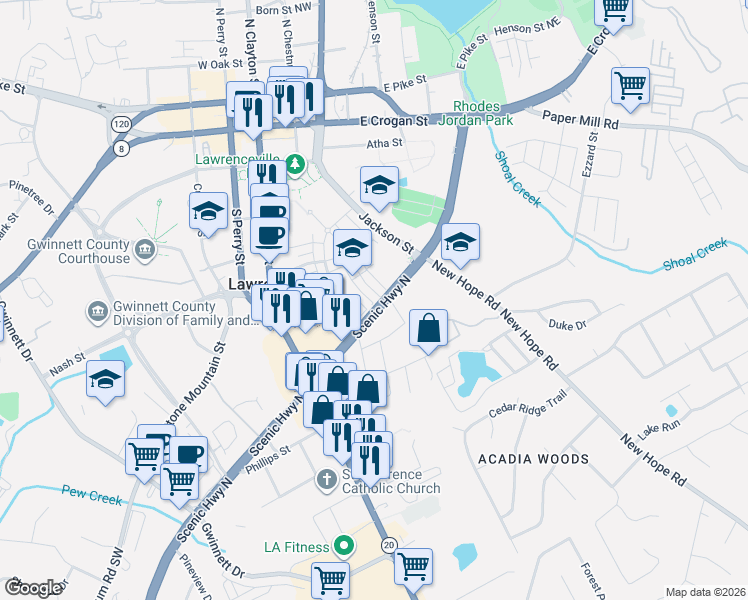 map of restaurants, bars, coffee shops, grocery stores, and more near 156 Scenic Highway South in Lawrenceville