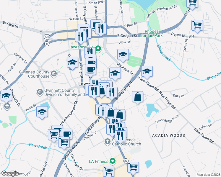map of restaurants, bars, coffee shops, grocery stores, and more near 122 Neal Boulevard in Lawrenceville